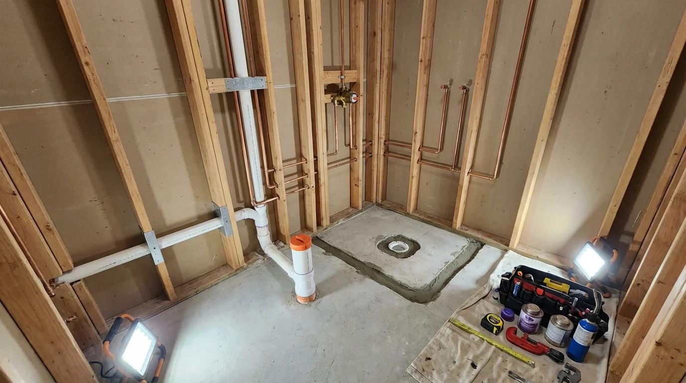 Bathroom rough-in plumbing during remodel by Johns Plumbing LLC in Angwin