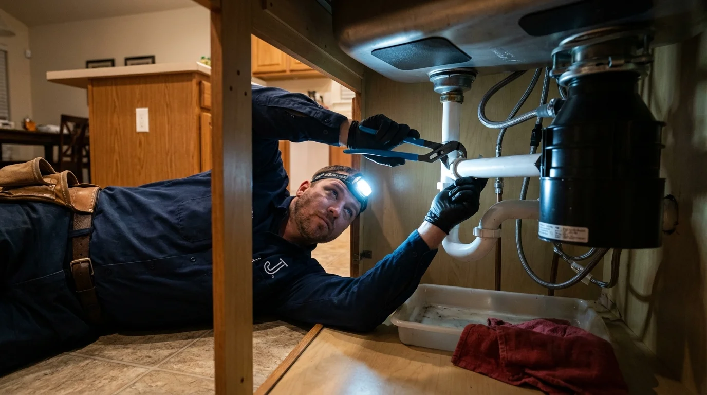 P-trap and supply line connections under a kitchen sink showing a common leak point in Angwin, CA